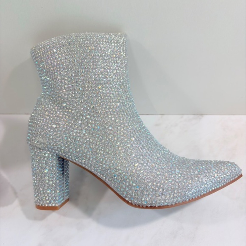 Glam Rave Ankle Boots Rhinestone Iridescent Block Heel Women Silver